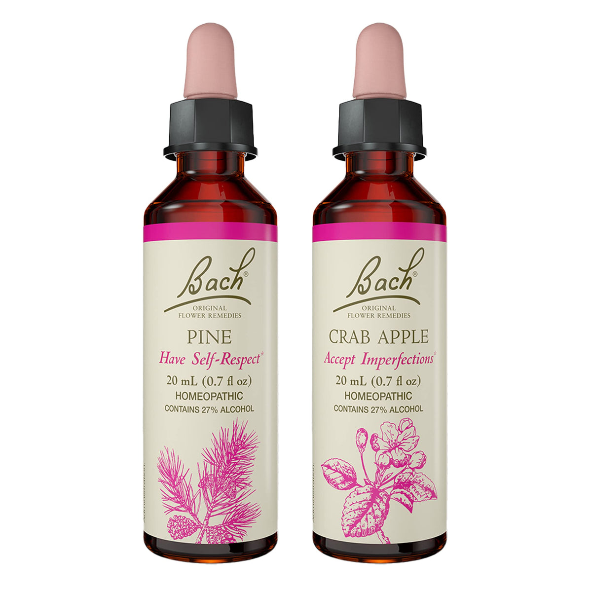 Bach front packaging showing two 20mL dropper bottles, clear labeling and travel benefit