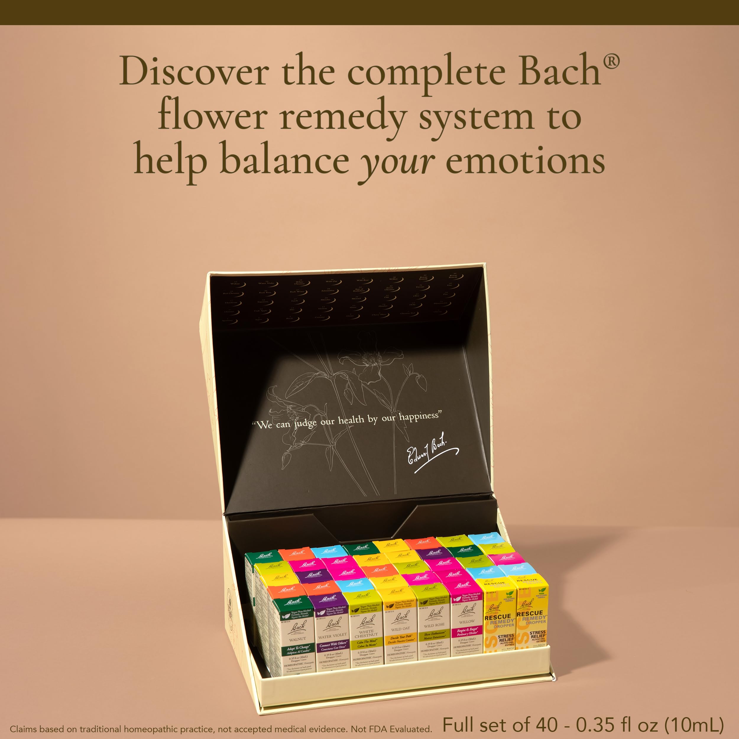 Front view of Bach Original Flower Remedies full set with 38 remedies and 2 Rescue Remedy