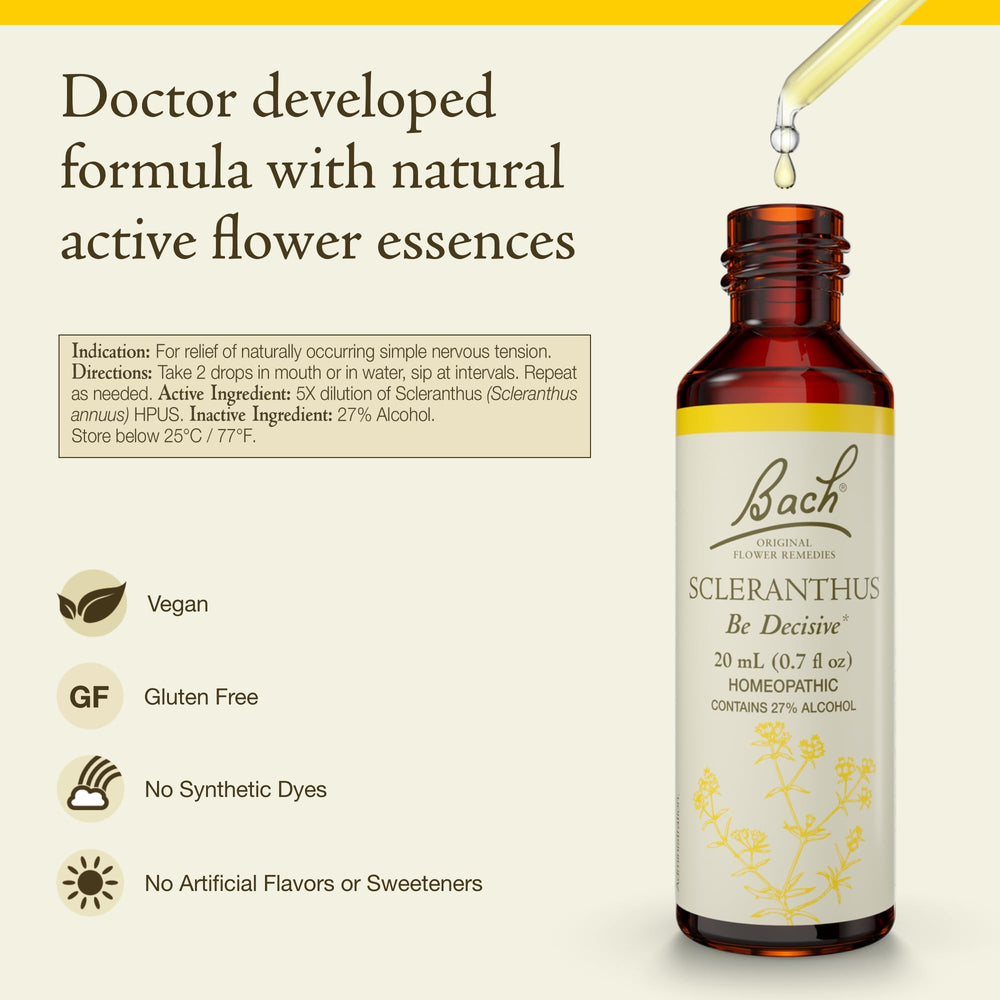Side view of Bach Scleranthus Be Decisive 20ml dropper bottle