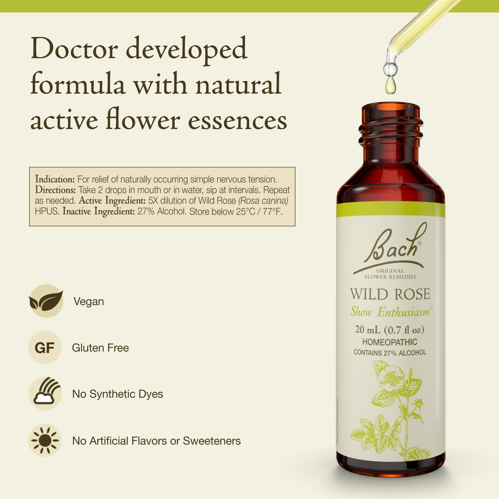 Wild Rose remedy drops being prepared in a glass of water