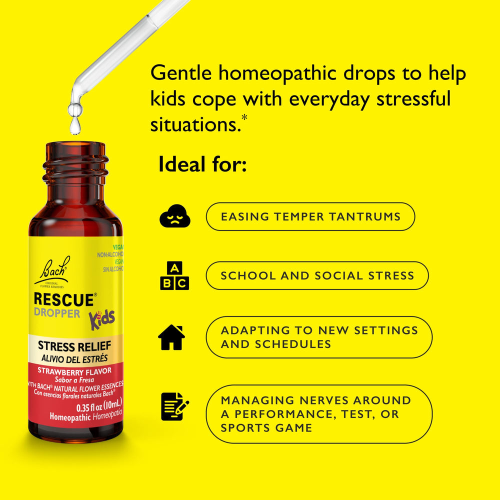RESCUE Kids strawberry dropper highlighting the original Rescue Remedy 5-flower essence blend.