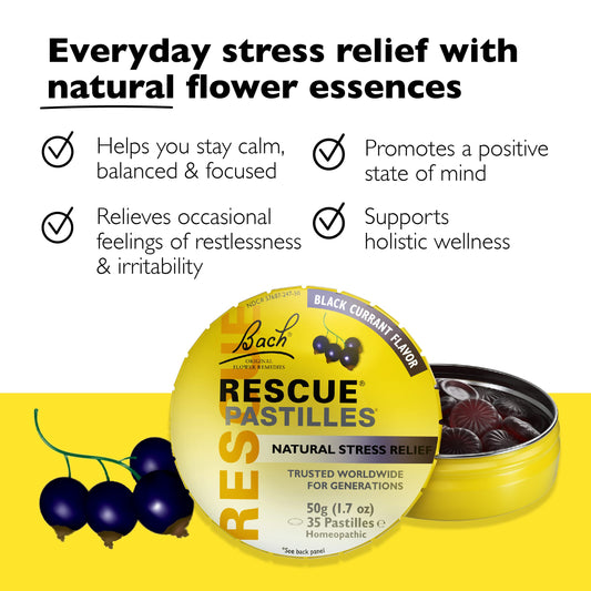 Bach RESCUE PASTILLES packaging featuring Black Currant flavor