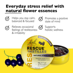 Bach RESCUE PASTILLES packaging featuring Black Currant flavor