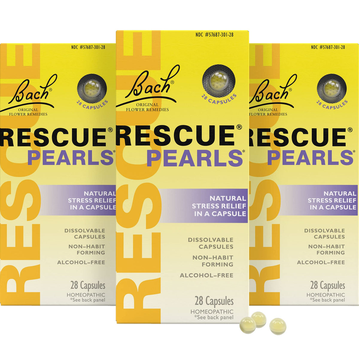 Bach RESCUE Pearls 3-pack orange vanilla flavor capsules on white background