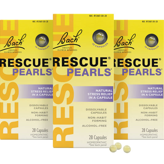 Bach RESCUE Pearls 3-pack orange vanilla flavor capsules on white background