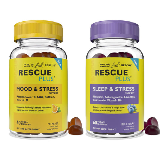 Front view of Bach Rescue Plus mood & stress gummy day bottle