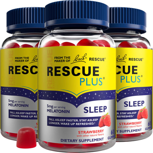 Front packaging shot of Bach RESCUE PLUS Melatonin Sleep Gummies in natural strawberry flavor, 3-pack, 180-count total