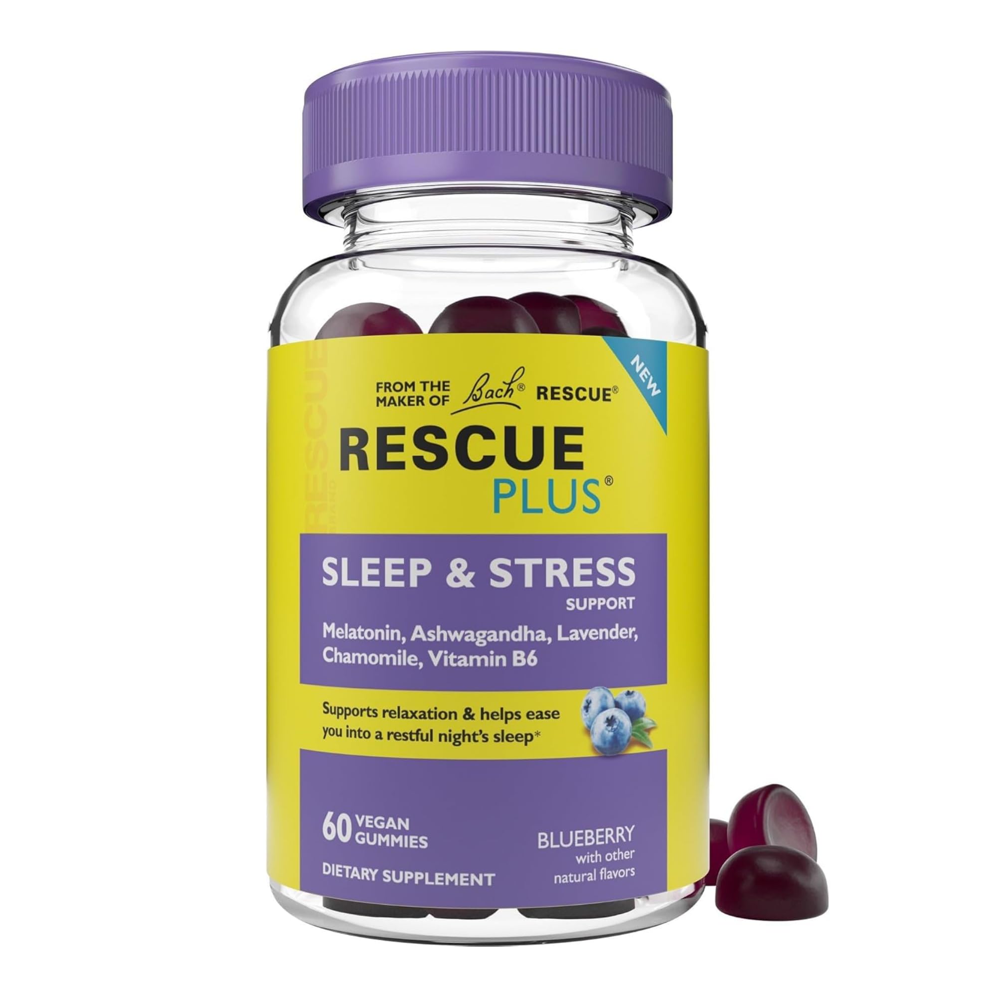 Front view of BACH RESCUE PLUS Sleep & Stress Gummies bottle