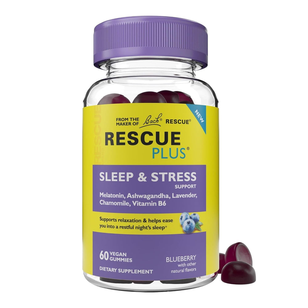 Front view of BACH RESCUE PLUS Sleep & Stress Gummies bottle