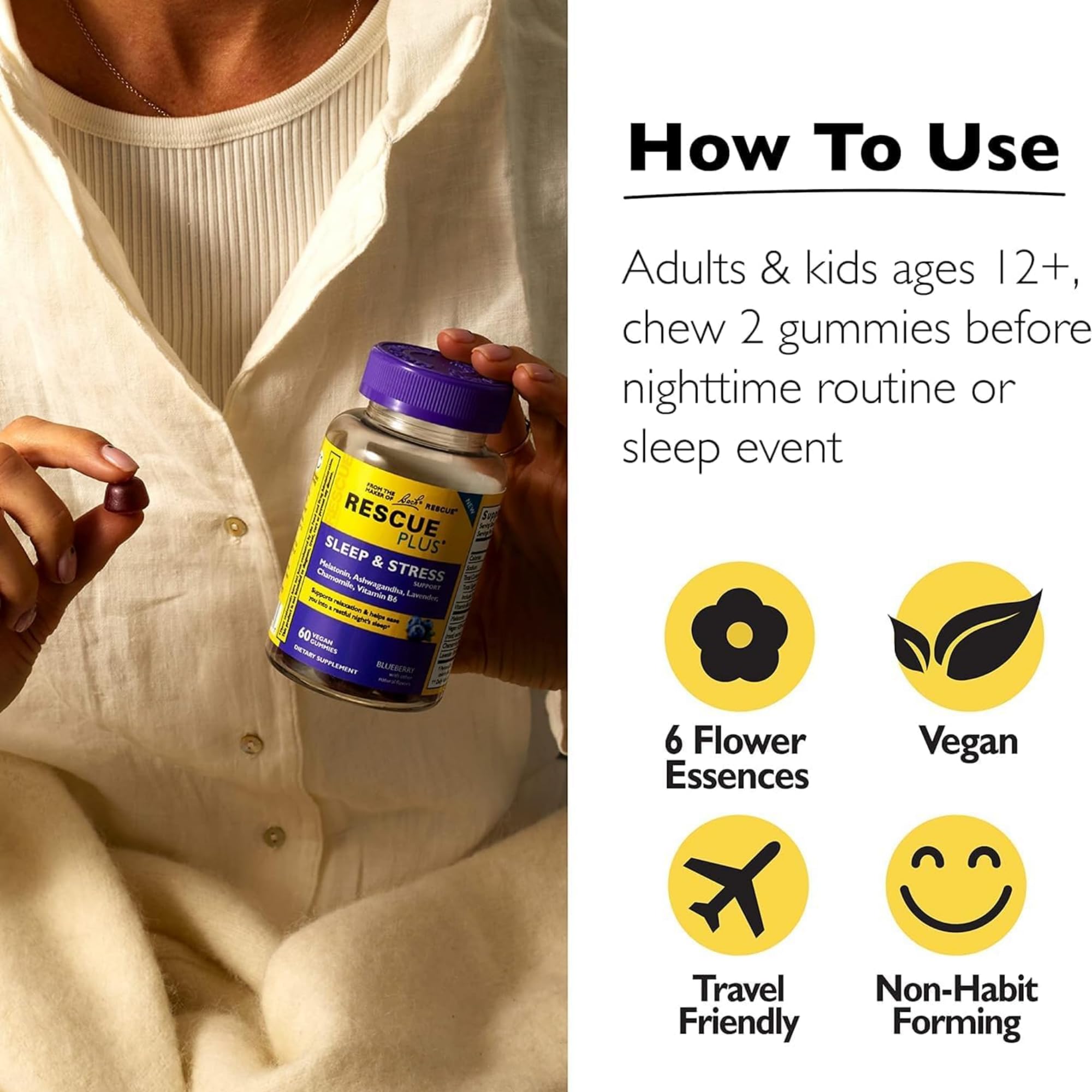 Product label close-up for BACH RESCUE PLUS Sleep & Stress Gummies