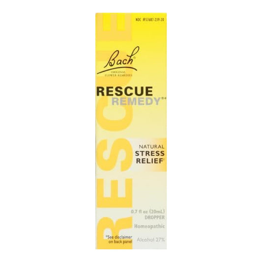 Close-up of yellow Rescue Remedy dropper bottle