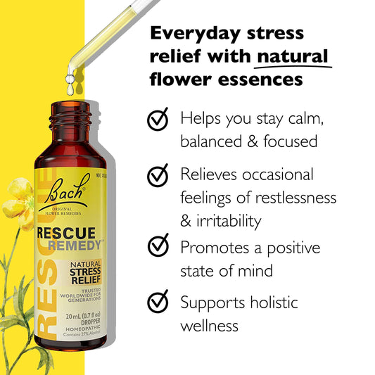 Close-up of Rescue Remedy dropper bottle with yellow cap