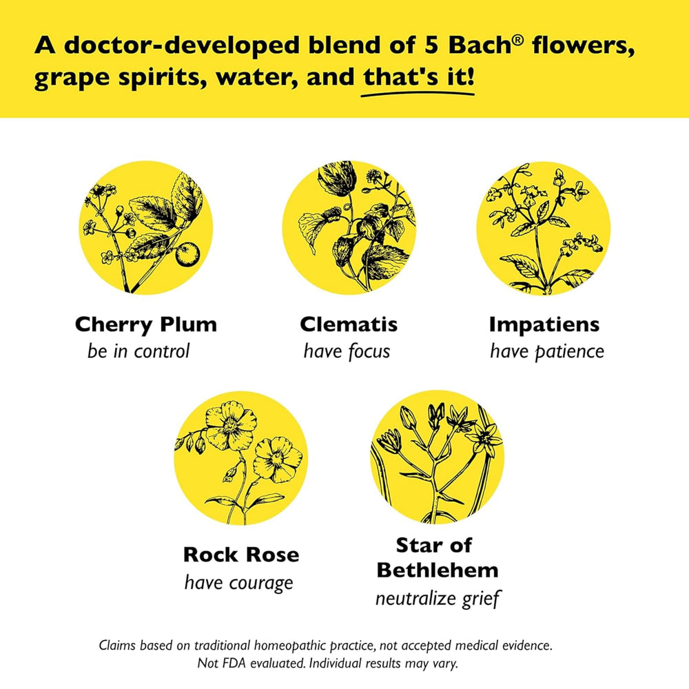 Detail of ingredients showing Bach's 5 natural flower essences; vegan and homeopathic