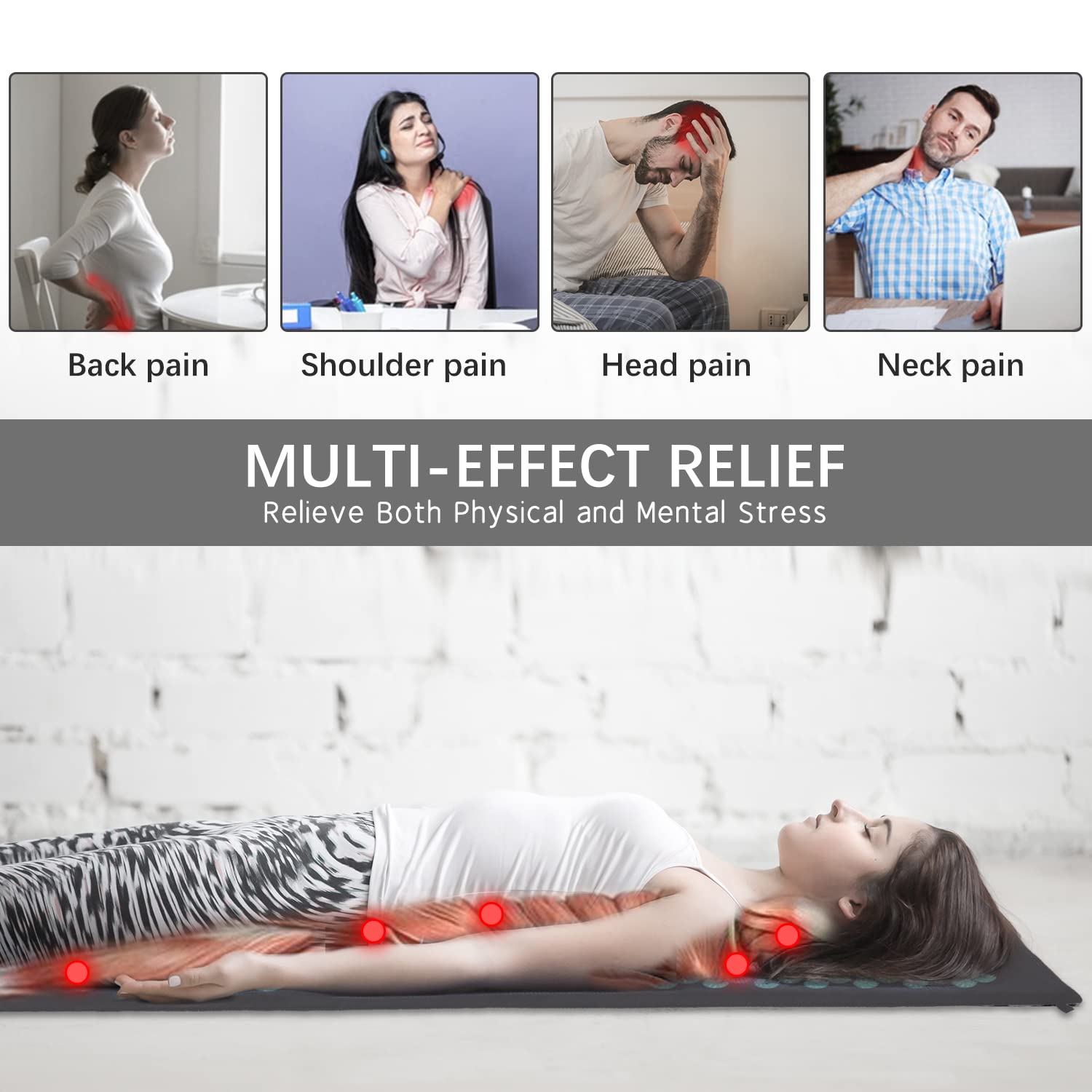Back and neck pain relief with acupressure mat