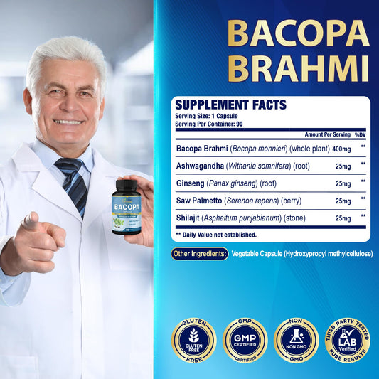 Bacopa Monnieri with Ashwagandha, Ginseng, Saw Palmetto and Shilajit – 90 capsules