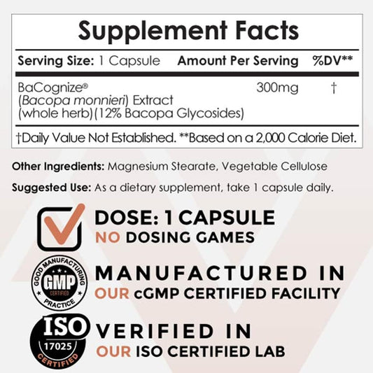 Close-up of Bacopa Monnieri capsule bottle label