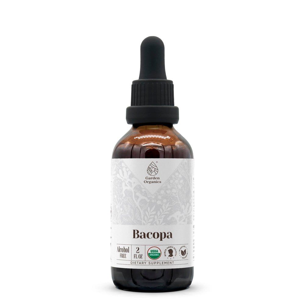 Bottle of Bacopa USDA Organic tincture with label in focus
