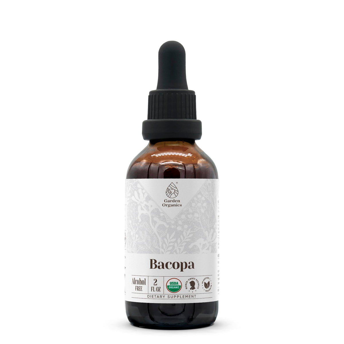 Bottle of Bacopa USDA Organic tincture with label in focus