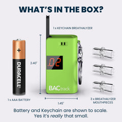 Packaging and quick-start guide for BACtrack Keychain Breathalyzer Green 2 Pack