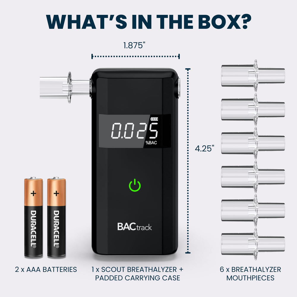 Scout packaging with breathalyzer, batteries, and manual