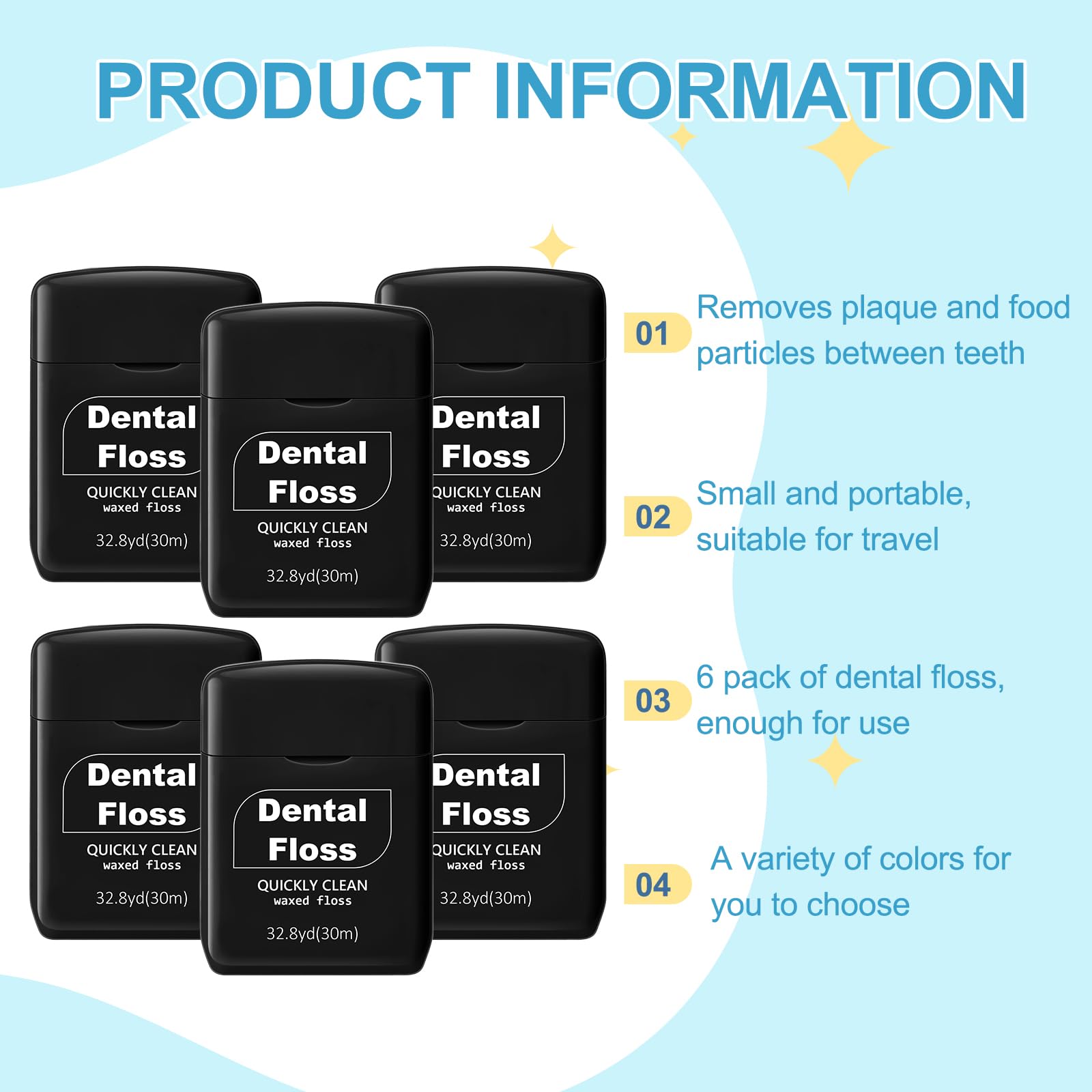 Six black dental floss rolls, 30 meters each