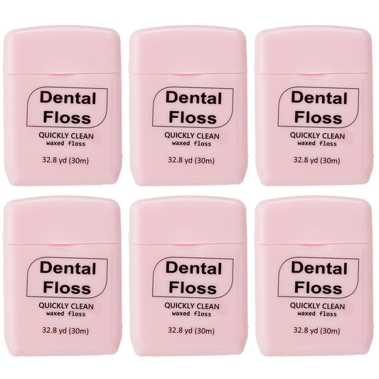 Baderke 6-pack pink waxed dental floss packaging with six rolls