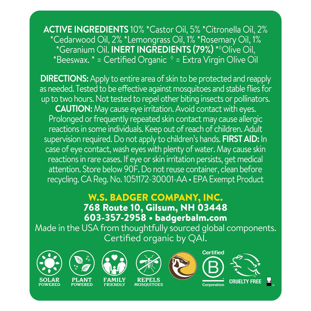 Badger Bug Repellent Stick close-up highlights citronella and lemongrass ingredients.
