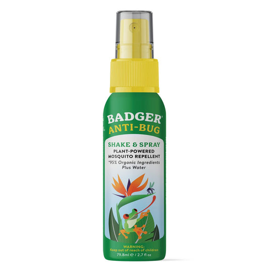 Badger Bug Spray travel-size bottle demonstrates portable, chemical-free insect protection.