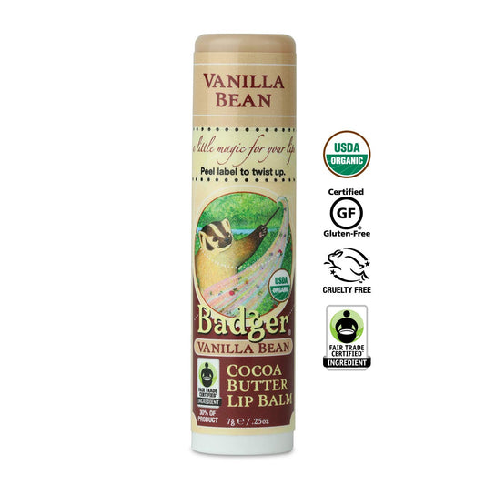 Badger Cocoa Butter Lip Balm ingredients label highlighting organic and fair trade