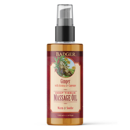Badger Ginger Massage Oil 4 oz glass bottle, front view