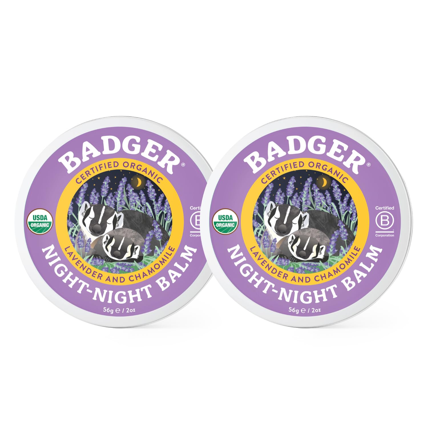 Badger Night Night Balm tin with chamomile and lavender for calm bedtime.