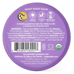 Badger Night Night Balm ingredients label, 100 percent organic oils for gentle sleep support
