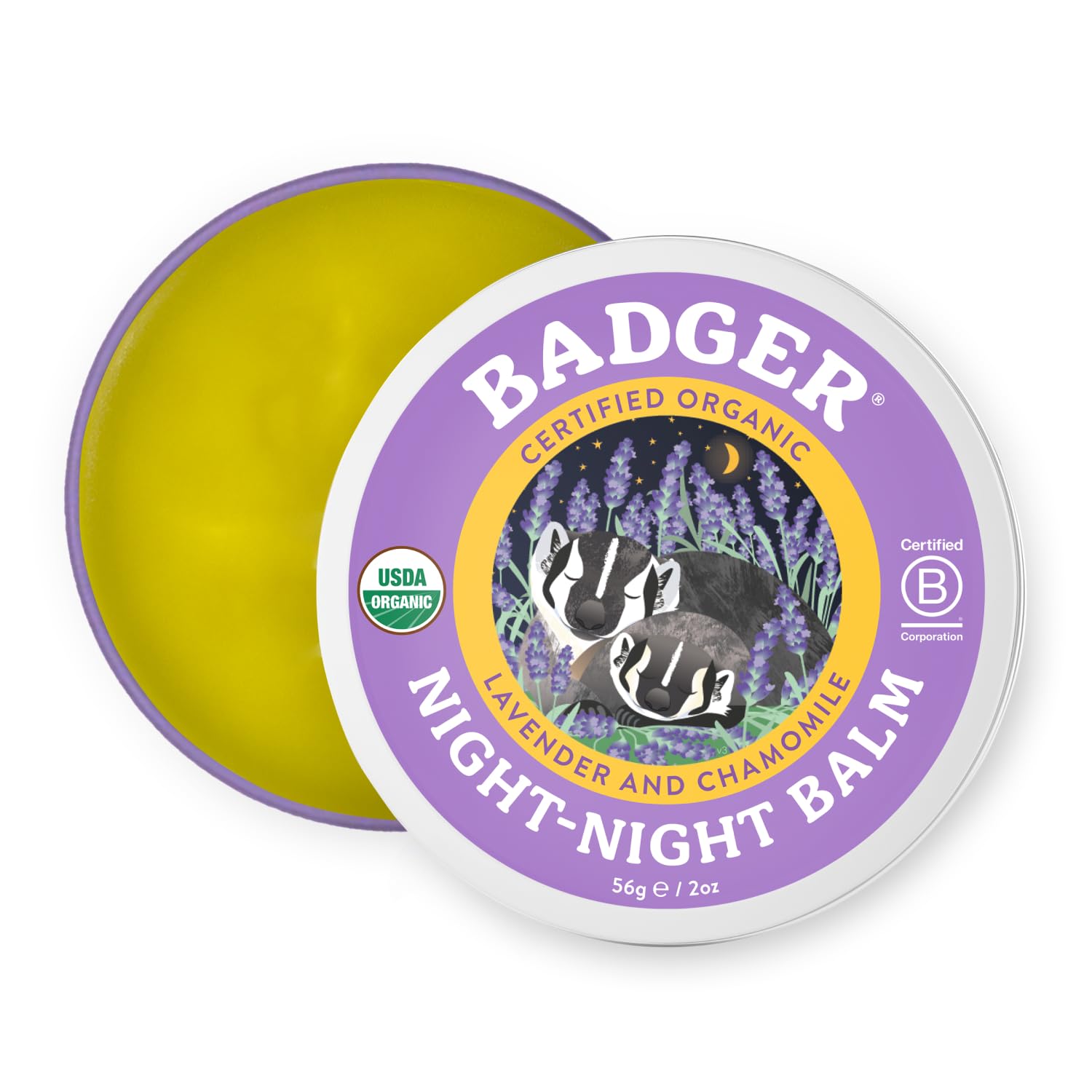 Badger Night Night Balm tin front, suggesting a soothing bedtime routine