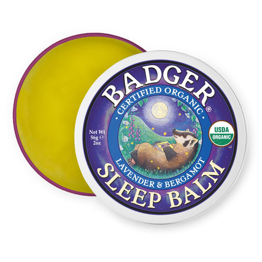 Badger Sleep Balm lavender-bergamot tin, calming aroma for relaxing bedtime rituals.