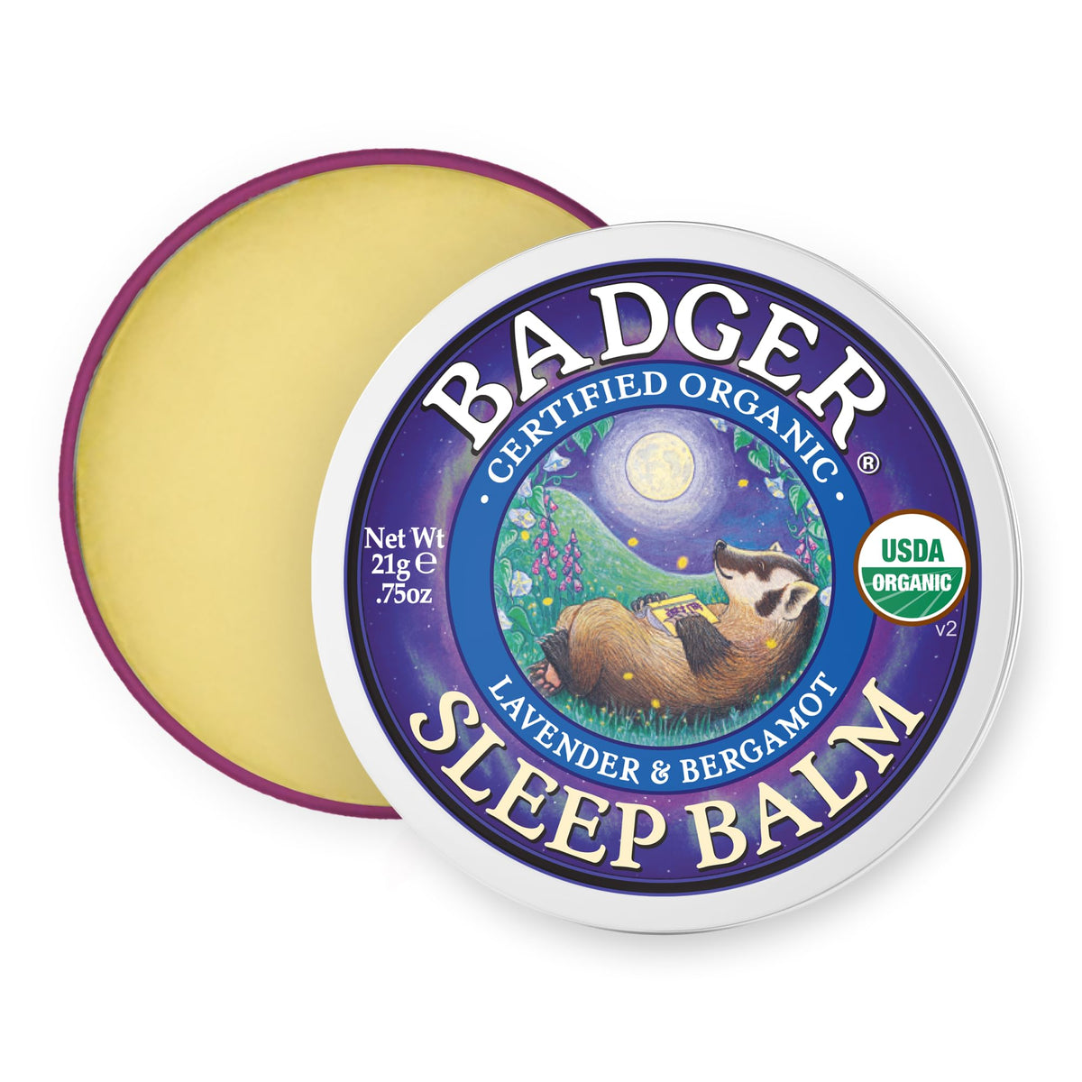 Badger Sleep Balm tin close-up for nighttime calm