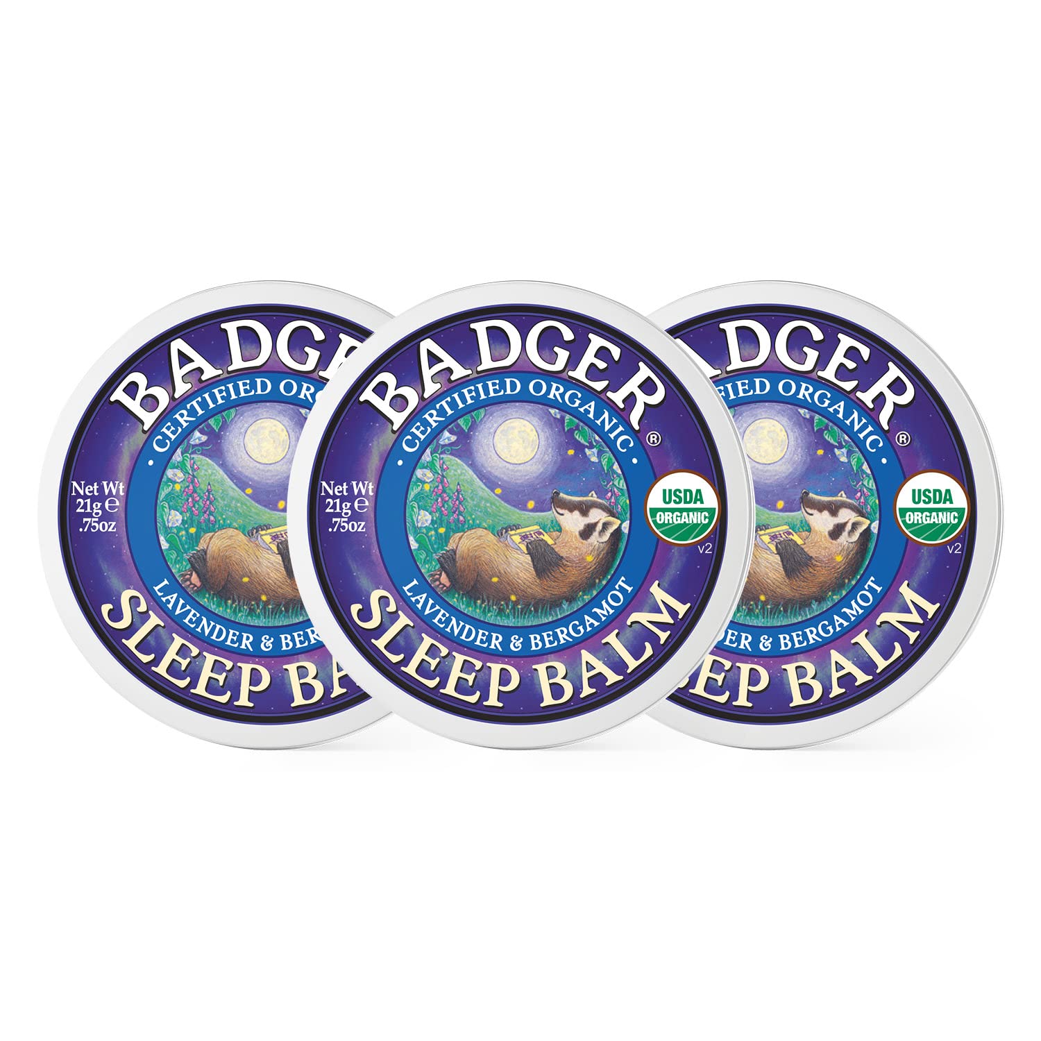 Badger Sleep Balm tin closeup highlights calming lavender and bergamot aromatherapy.