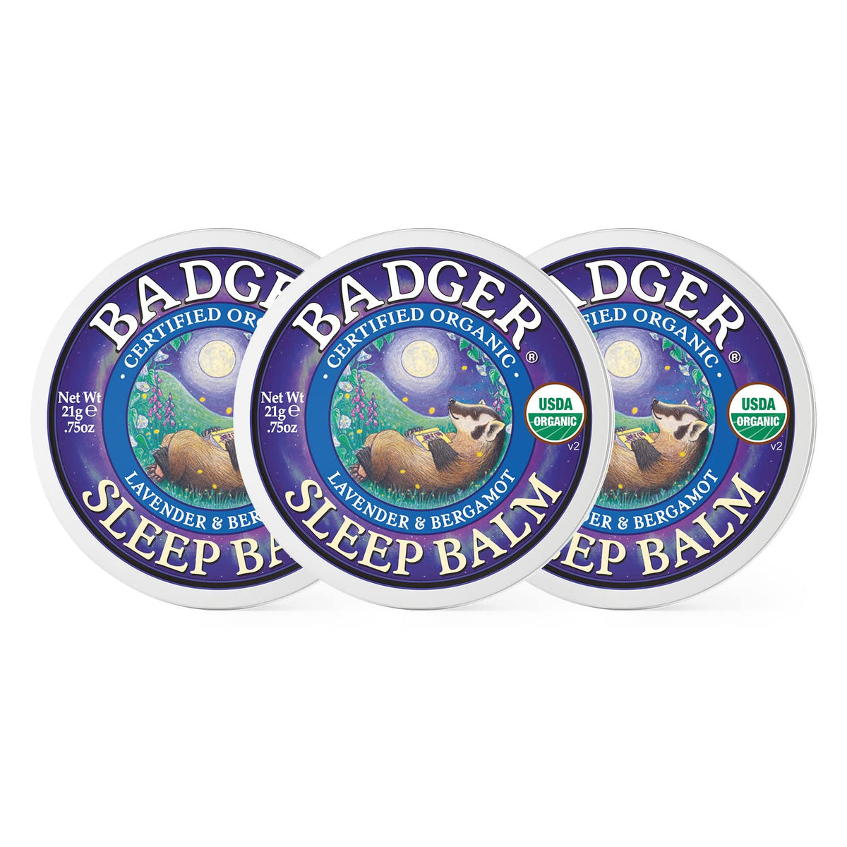 Badger Sleep Balm tin closeup highlights calming lavender and bergamot aromatherapy.
