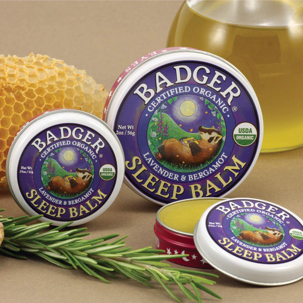 Badger Sleep Balm travel tin image suggests on-the-go sleep support.
