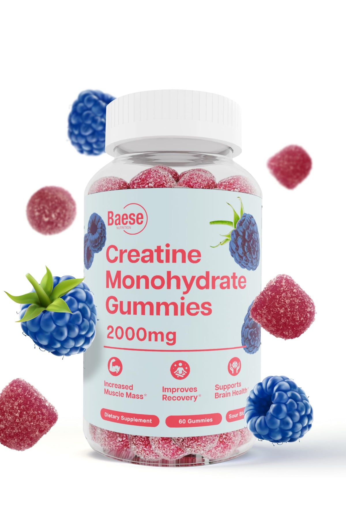 Baese Nutrition Creatine Monohydrate Gummies bottle with sour blue raspberry flavor