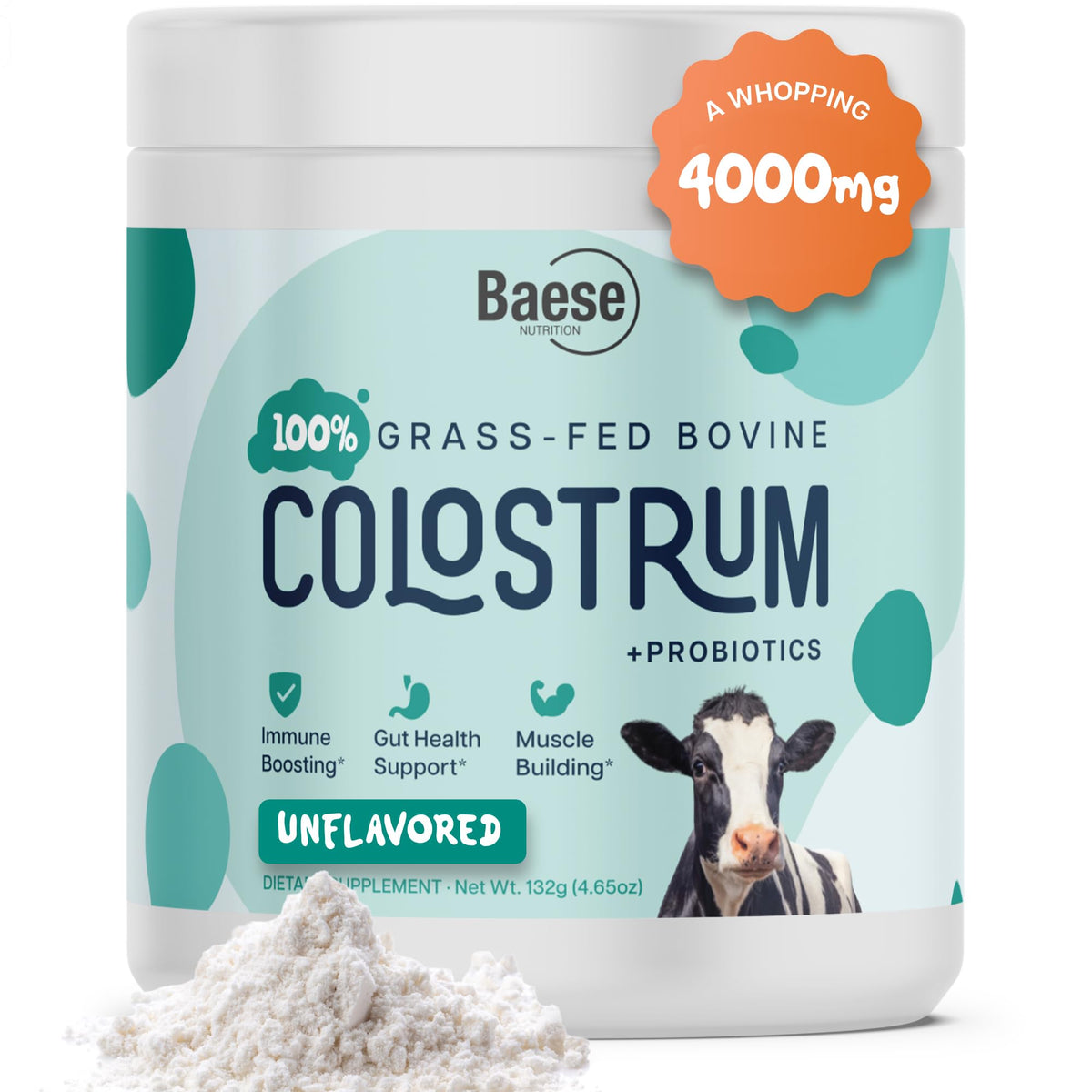 Front view of Baese Nutrition Colostrum Powder bottle and packaging