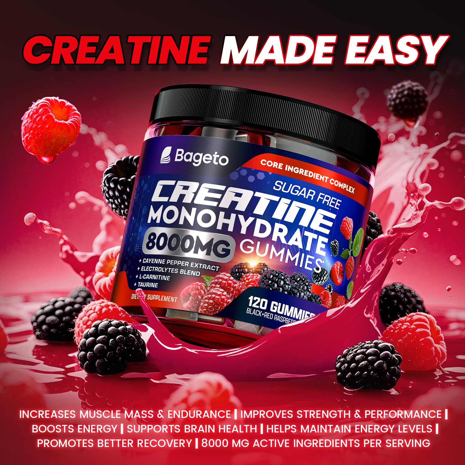Bageto Creatine Monohydrate Gummies Berry flavor front pack shot