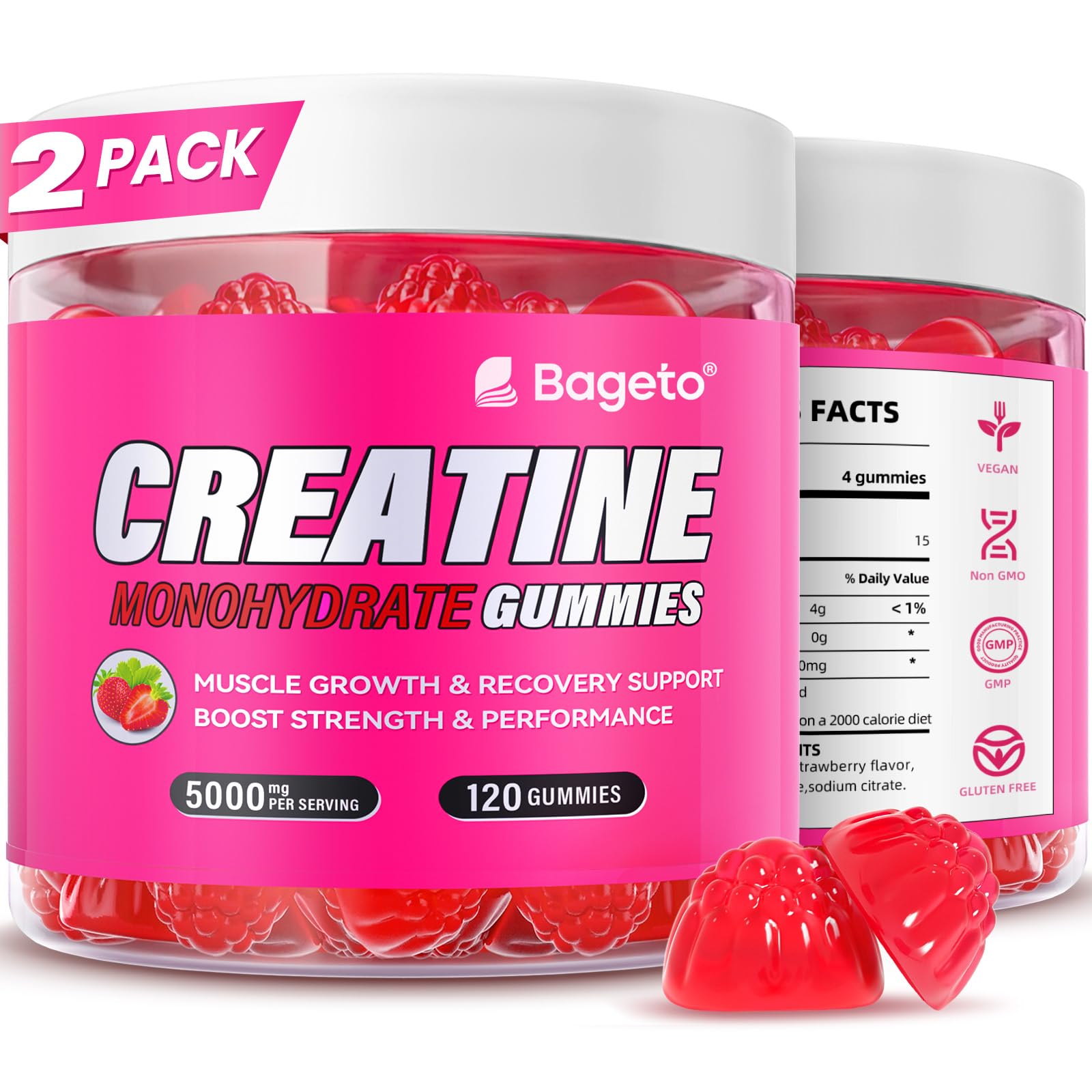 Bageto Creatine Monohydrate Gummies Strawberry 2 bottle front view
