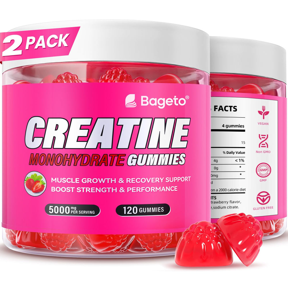 Bageto Creatine Monohydrate Gummies Strawberry 2 bottle front view