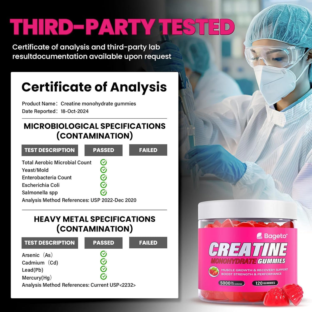 Assorted vegan creatine gummies spilling from bottle