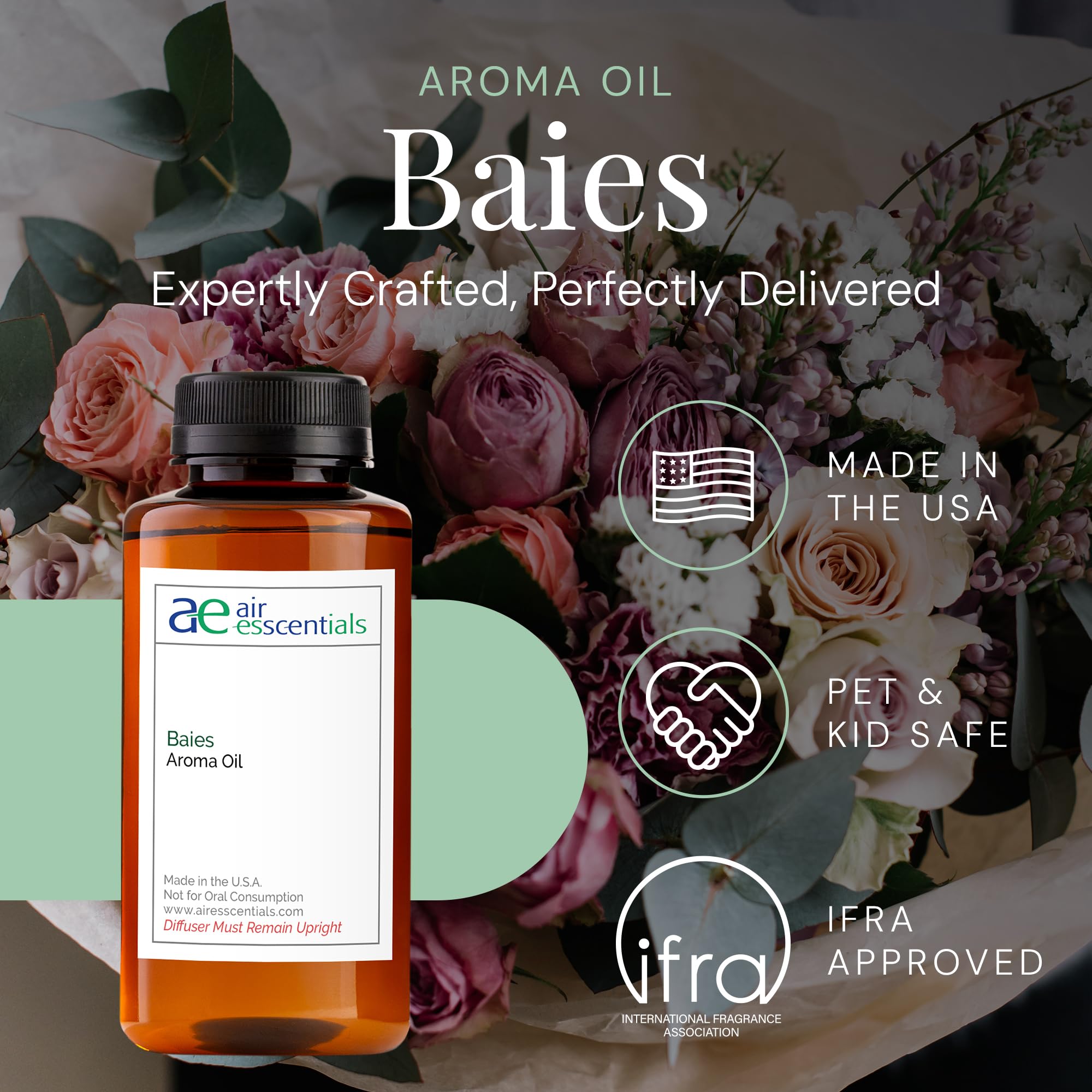 Close-up of Baies Aroma Oil bottle label with floral bouquet design