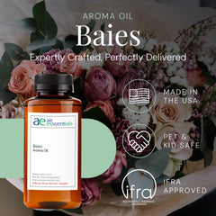 Close-up of Baies Aroma Oil bottle label with floral bouquet design