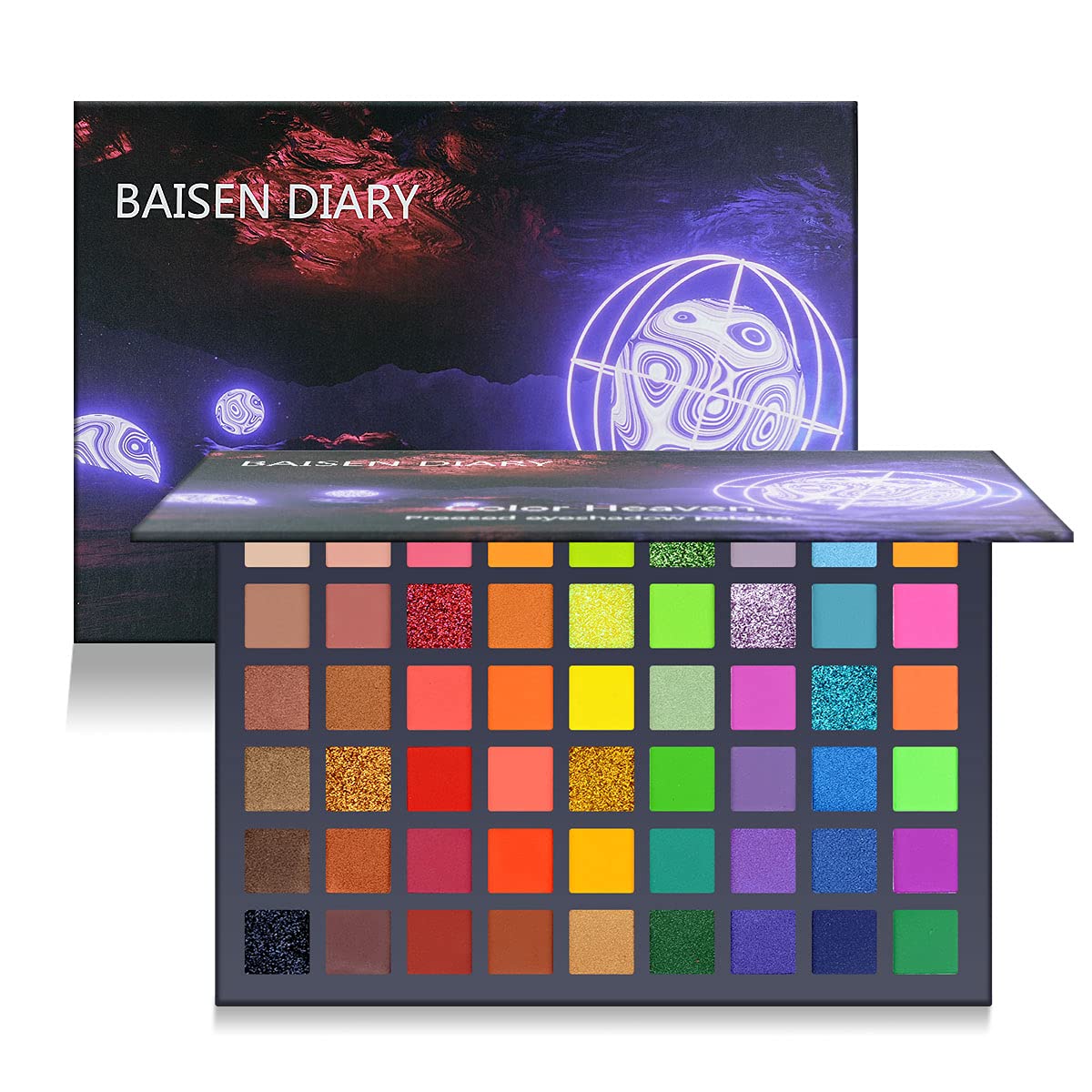BAISEN DIARY 54-color eyeshadow palette front cover showcases vibrant shades for bold eye looks
