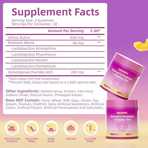 Back label showing ingredients and probiotic blends of BAKAKOUL gummies