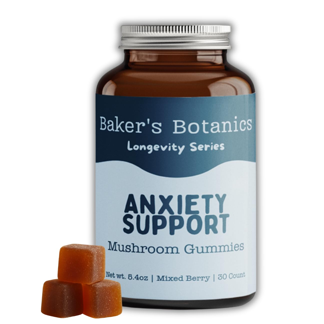 Bottle front of Baker's Botanics Longevity Anxiety Support Gummies