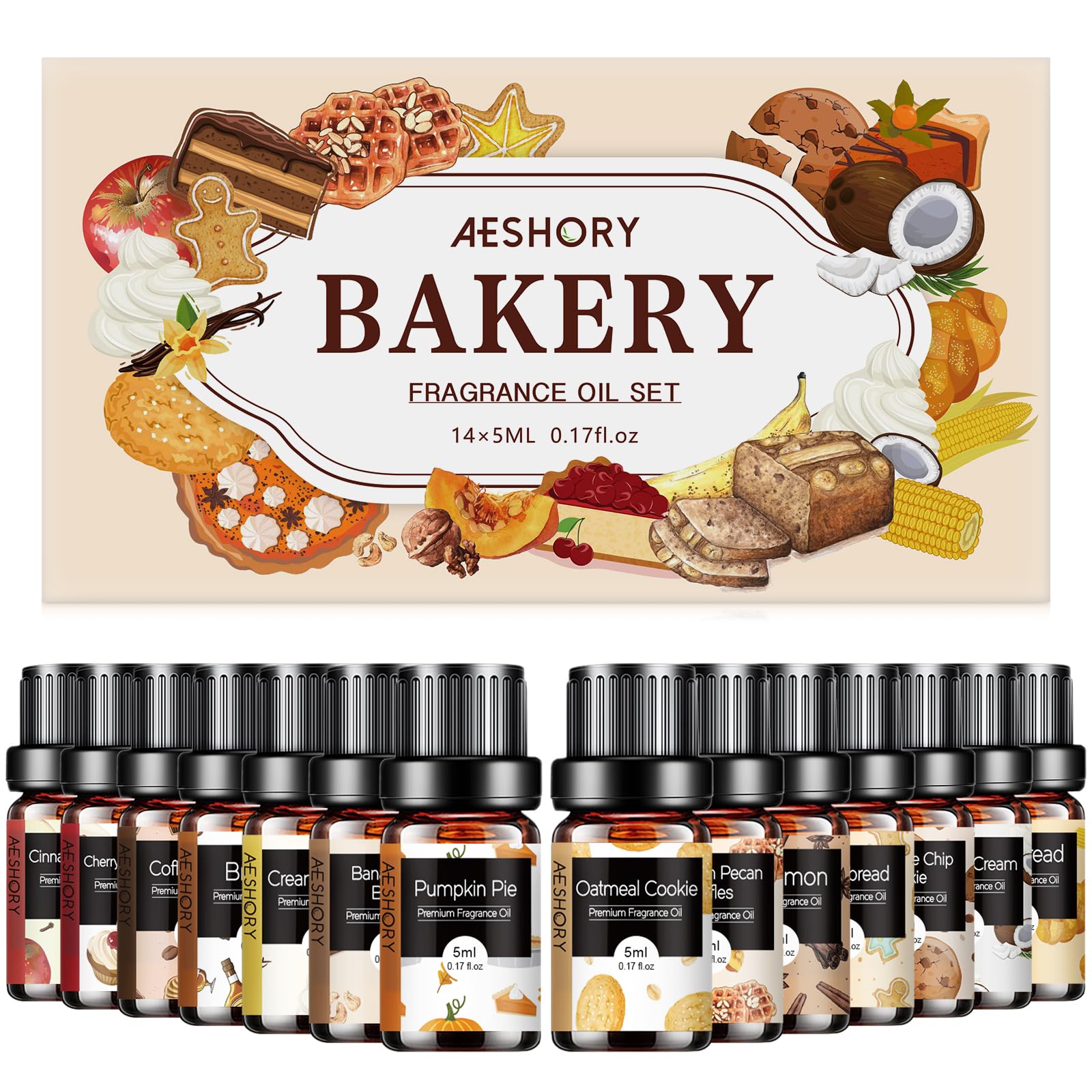 Bakery Essential Oils Set – 14 scents displayed in bottle set